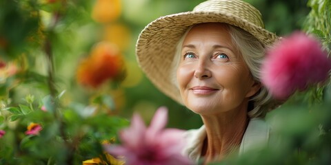 A peaceful and gentle portrait of an elderly woman with a straw hat, smiling softly while tending to a lush garden
