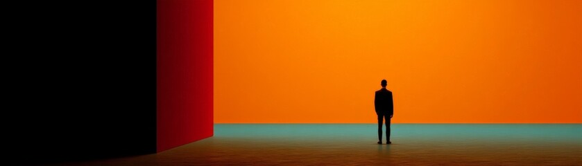 Minimalist Movie Design Conceptม A silhouetted figure stands alone in a minimalist space with contrasting colors, evoking feelings of solitude and introspection.