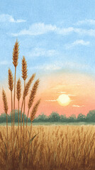 Naklejka premium Breathtaking Wheat Field at Sunset: A Tranquil Landscape Capturing Nature's Serene Beauty and the Essence of Rural Life