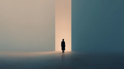 Minimalist Movie Design Conceptม A solitary figure stands before a large illuminated doorway in a minimalist setting, evoking themes of choice and contemplation.