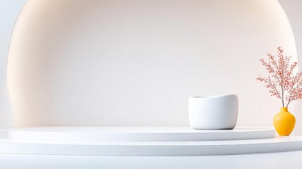 Minimalist Movie Design Conceptม Minimalist display featuring a white bowl and a yellow vase with flowers on a sleek surface against a soft background.