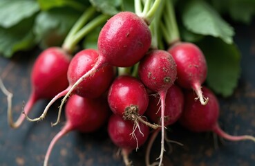 Bunch of fresh red radishes with green leaves still attached. Root vegetable with dirt spots sits on dark rustic surface. Healthy ingredient for cooking meals.
