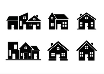 Fototapeta premium A set of minimalist, flat, black-and-white house icons in vector format. Featuring a variety of modern and classic house shapes, including one-story, two-story, gable roof, rounded windows, front door