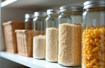 Glass jars store pasta rice and cereal on a kitchen shelf. Wicker baskets hold dry goods. Clean organized pantry for healthy home cooking. Zero waste kitchen storage solution.