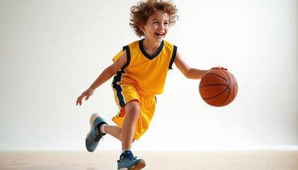 Young boy in yellow basketball uniform runs, dribbles ball with happy expression. Kid plays sports, practices skills on indoor court. Youth athlete enjoys game, moves quickly with energy.