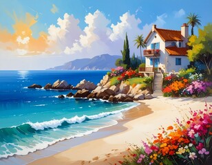 ainting of seascape with beach house and colorful flowers at background