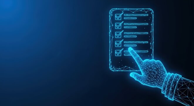 Digital checklist with finger selection on a glowing blue task list interface