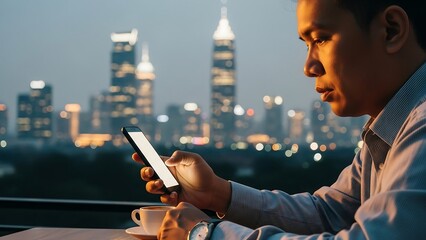Man using smartphone with city skyline in the background.