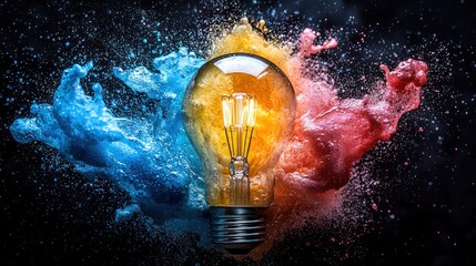 Lit bulb bursting with red, yellow, and blue paint splashes on dark backdrop