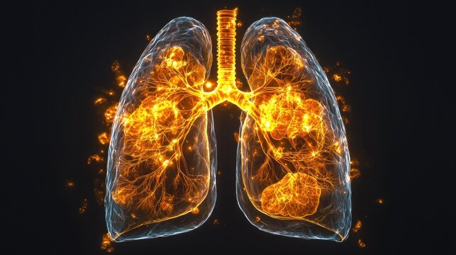 Lungs shown in bright, glowing orange on black, with veins highlighted