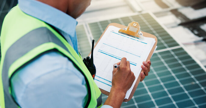 Solar panels, writing and hands with checklist, review power production and grid condition. Inspection, above and person with clipboard of maintenance report, monitor system and clean energy function