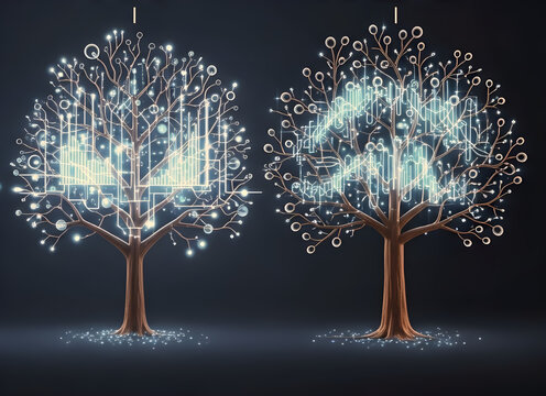 Futuristic Bioluminescent Trees With Digital Circuits Displaying Data Streams and Light - Powered by Adobe