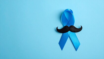 Light Blue Ribbon with Black Paper Mustache on Blue Background 