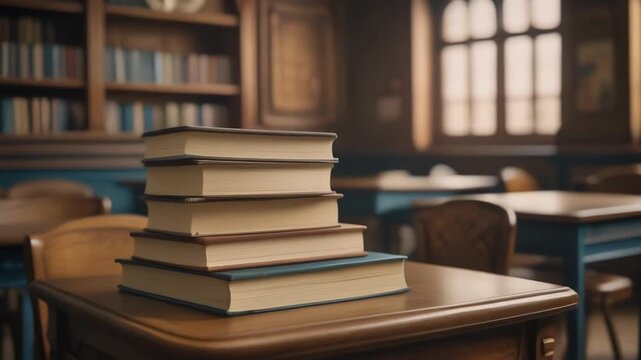 Stack Of Hardcover Books On Desk In Classic Classroom Symbolizing Academic Study And Knowledge