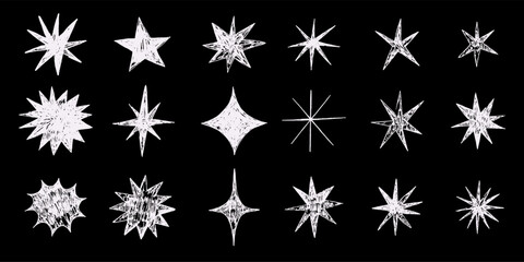 Hand-drawn crayon stars set. Rough textured celestial shapes on black background. Grunge sketch style decorative elements for design, Christmas, kids art, night sky, cosmic vector illustration.