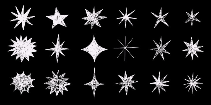 Hand-drawn crayon stars set. Rough textured celestial shapes on black background. Grunge sketch style decorative elements for design, Christmas, kids art, night sky, cosmic vector illustration.
