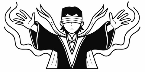 Illustration of a blindfolded character with hands raised and energy emanating around them in black and white