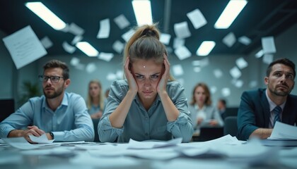 Office team feels stressed with paper mess floating around. Workers look confused in chaotic work environment. Deadline pressure causes extreme mental strain and overwhelm.