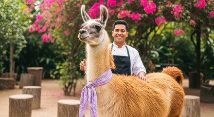 Obraz premium Llama posing with a smiling caretaker in a vibrant garden vibrant with blooming flowers and wooden seating