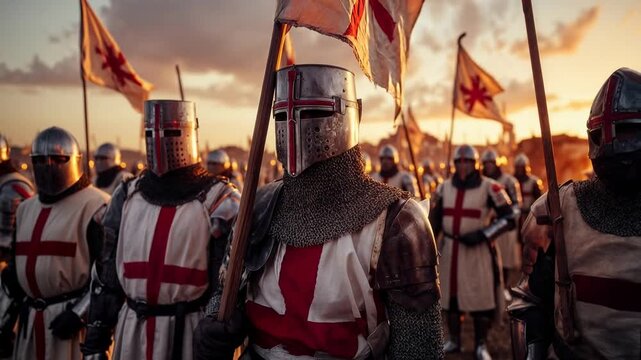 Backlit crusader column at sunset, red crosses glowing through dust as flags whip in the wind, dramatic historic scene evoking adventure, sacrifice and the relentless march toward destiny