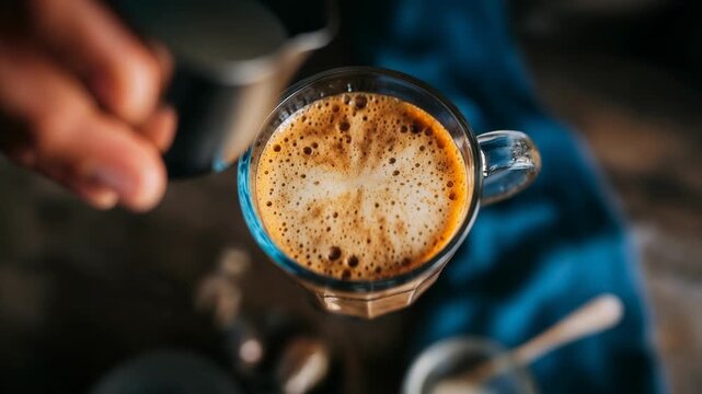 Steaming espresso swirl with creamy milk pour in a cozy blue cup on rustic tabletop, aromatic textures and appetizing sheen selling coffeehouse comfort, craft quality and morning ritual sati