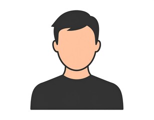 Flat illustration of a person's head and upper torso. The figure features black hair and a dark shirt against a white background