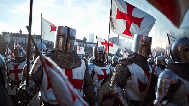Sunlit flags and polished helmets flare as crusader ranks wheel beneath a glowing sky, hopeful tonal shift that conveys unity, ceremony and the ritual of preparation before battle