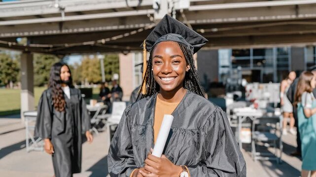 Proud graduate in cap and gown holding a diploma, beaming with achievement as friends gather behind, celebrating big dreams, resilience, and the launch of a new professional chapter