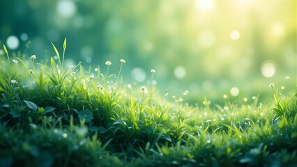 Sparkling dew drops on fresh green grass bathed in soft morning sunlight, natural bokeh background