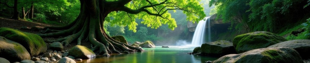 Ancient banyan roots embrace limestone falls, lush green canopy , natural, roots
