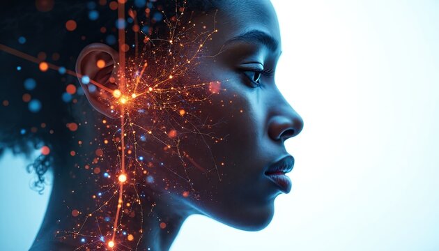 African american woman face with digital brain network overlay. Futuristic concept of neural interface connection and artificial intelligence integration for mental augmentation or health.