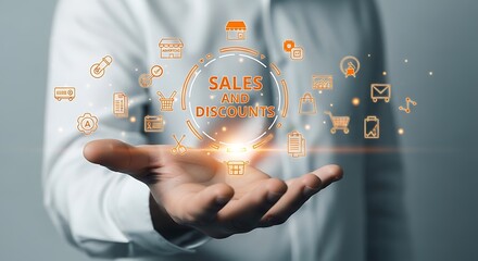 Online Sales Concept with Hand and Digital Icons.