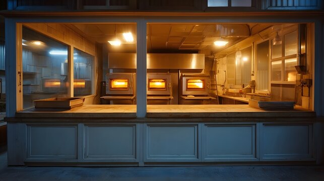 Warm glowing ovens illuminate a professional bakery interior at evening ready for baking