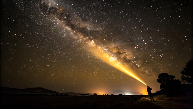 A silhouette shines a beam on the Milky Way, merging earthly light with the galaxy's glow, inspiring