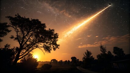Vibrant landscape under a starry sky with a brilliant shooting