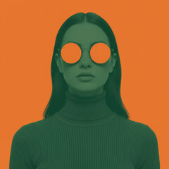 Fashionable woman with orange round sunglasses and green attire