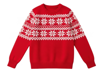 Classic red christmas sweater with white nordic snowflake pattern, isolated on transparent background