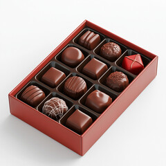 Assorted Chocolate Pralines in Red Box. Gourmet Chocolate Selection in Gift Packaging. Luxury Chocolate Pralines Collection