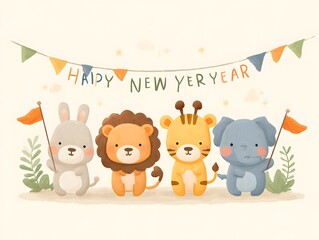 Obraz premium Cute Animal Characters Celebrating New Year with Festive Decorations
