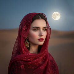 Woman in red headscarf gazing at the desert moon at twilight