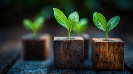 Seedlings sprout in wood blocks on aged surface; shallow depth of field