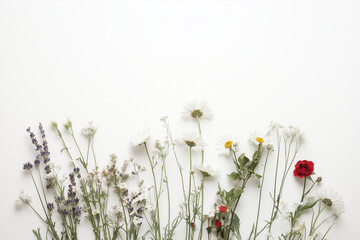 Wildflower Arrangement on White Background. Fresh Botanical Composition with Daisies. Minimal Floral Layout with Garden Flowers