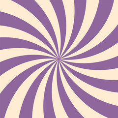 Purple and beige swirl groovy starburst background. Retro twisted rays pattern with vintage psychedelic vibe. Abstract dynamic spiral design for posters, banners, wallpapers. Vector illustration.