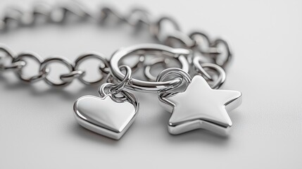 Shiny silver chain bracelet with heart & star charms on white