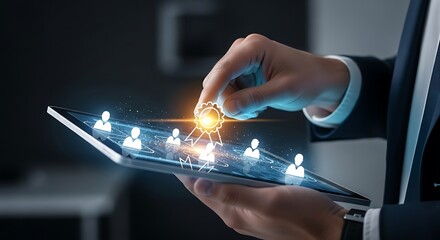 Business professional using a digital tablet for social networking.