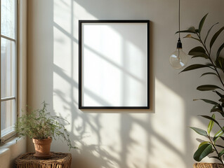 Minimal Interior Mockup with Empty Frame. Blank Wall Frame in Sunlit Living Room. Modern Home Decor Poster Mockup
