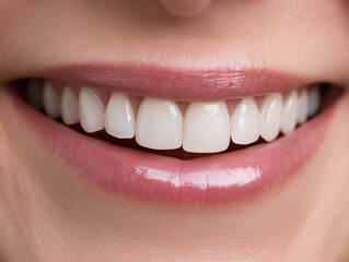 Close-Up Smile with Healthy White Teeth. Beautiful Lips and Perfect Dental Aesthetics. Bright Natural Smile Dental Close-Up