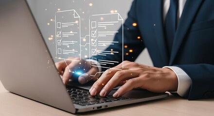 Man in suit working on laptop with digital document overlay.