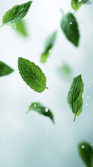 Fresh Mint Leaves with Water Drops. Green Mint Macro Shot in Motion. Falling Mint Leaves with Water Splash
