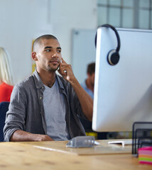 Pc, advertising agency or man with phone call for feedback, consulting client or performance...